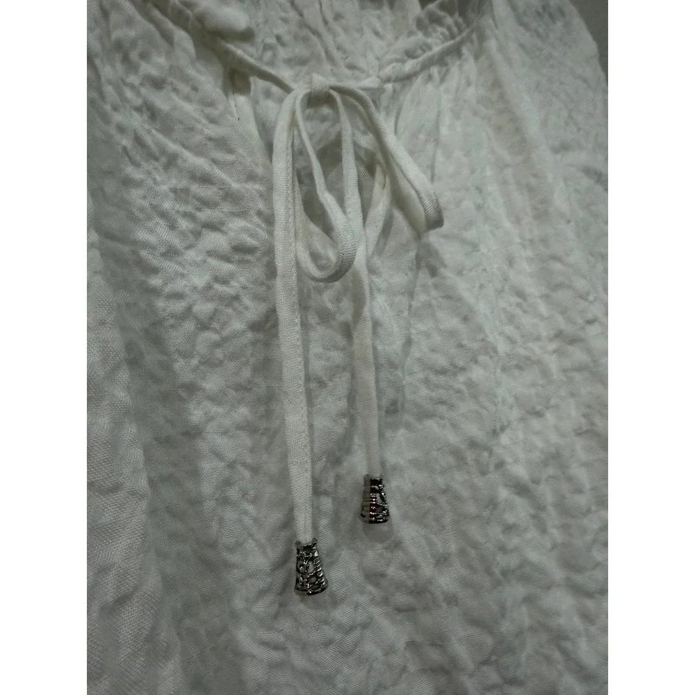 Jane + Delancey White Textured Short Sleeve Blouse‎ Tie Neck Elastic Hem Large